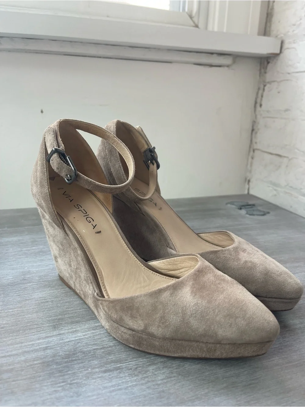 Via Spiga Taupe Suede Ankle-Strap Wedge Pumps